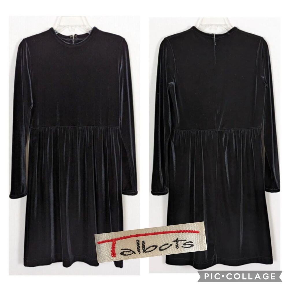 Vintage Talbots long sleeve velvet shift black dress size medium